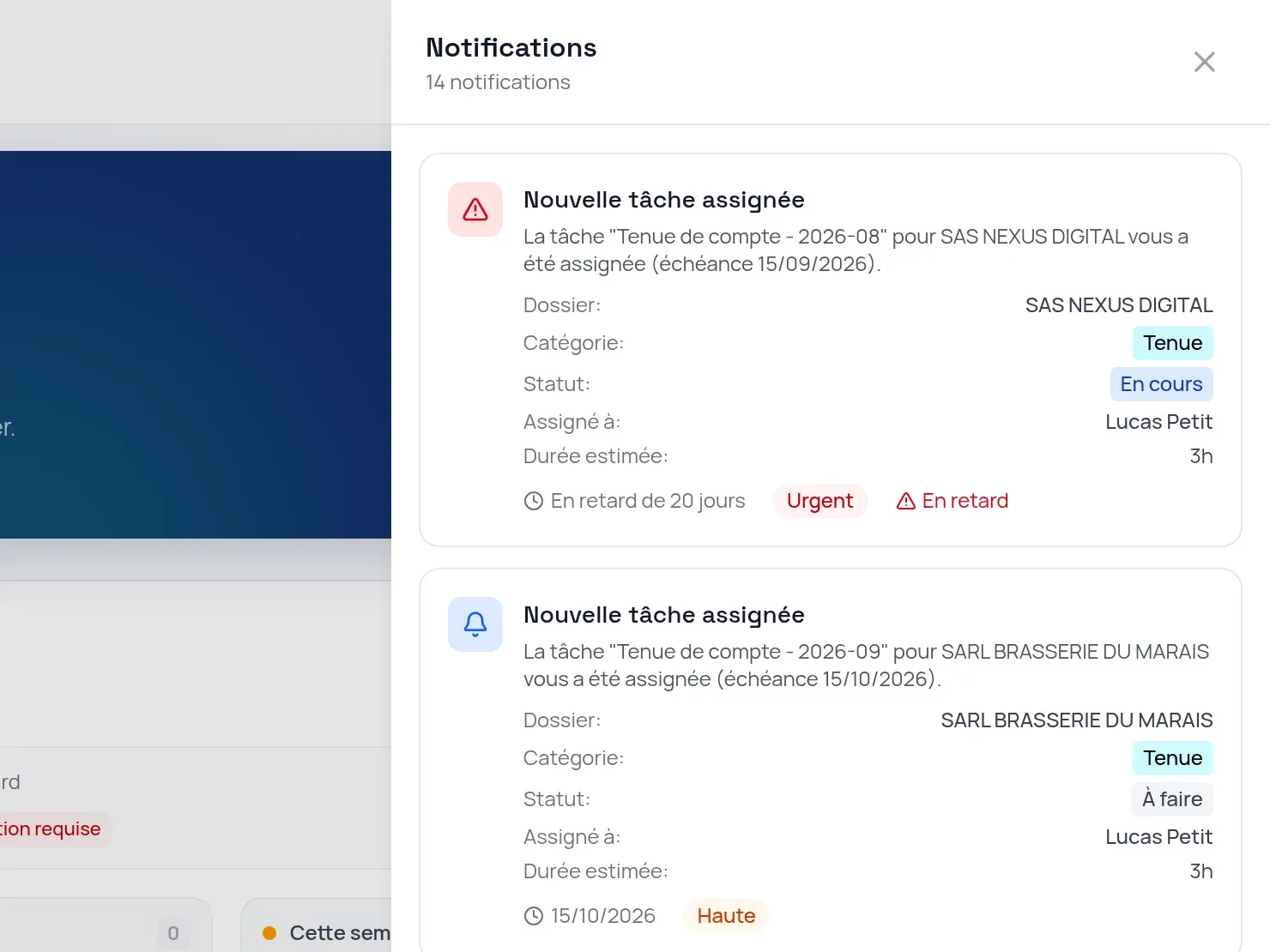 Panneau des notifications : nouvelles tâches assignées, priorité urgente ou haute, retards signalés