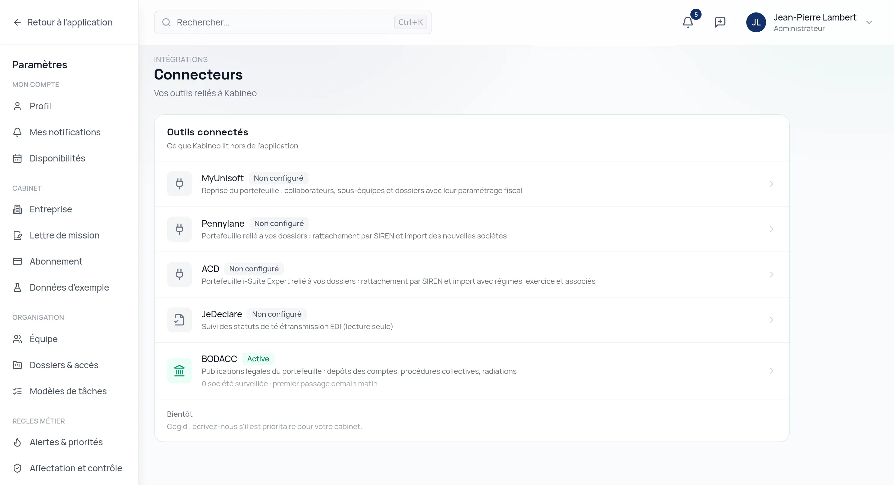 Page des connecteurs de Kabineo : MyUnisoft, Pennylane, ACD, JeDeclare et la veille BODACC