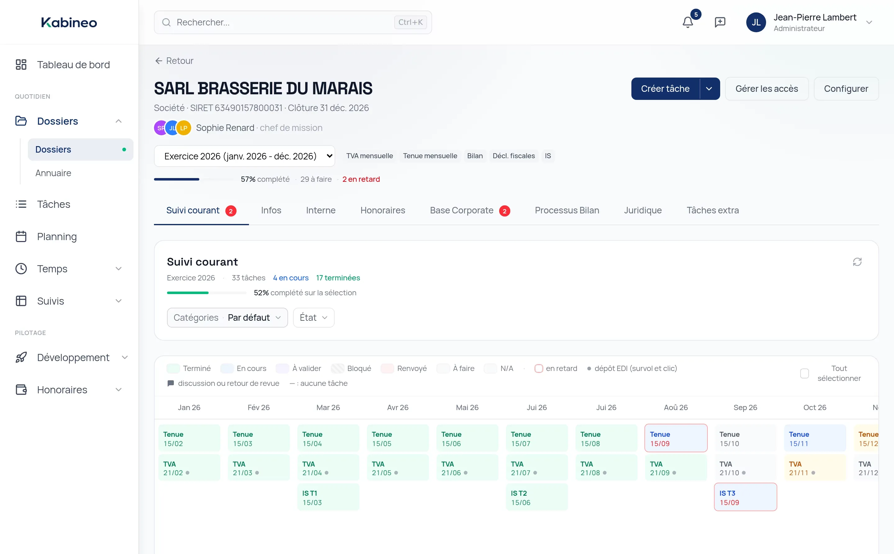 Fiche d'une SARL dans Kabineo : exercice 2026, obligations configurées, avancement et suivi courant mois par mois
