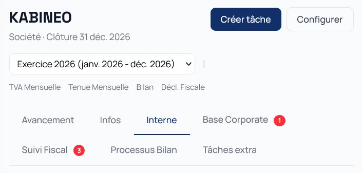 Fiche client complète avec identité, dirigeants, exercices fiscaux et suivi