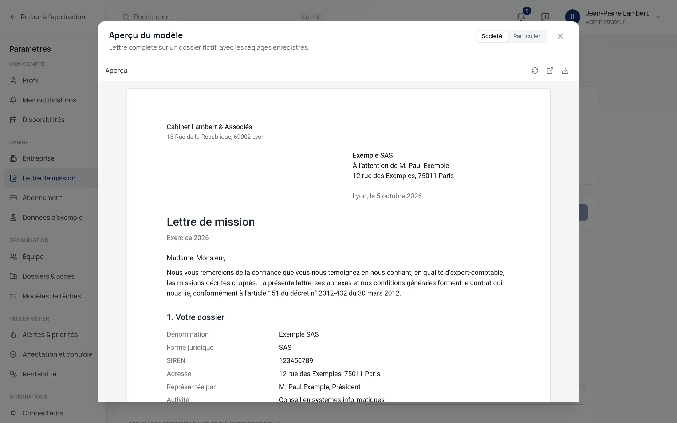 Aperçu d'une lettre de mission générée par Kabineo à partir du modèle et des réglages du cabinet