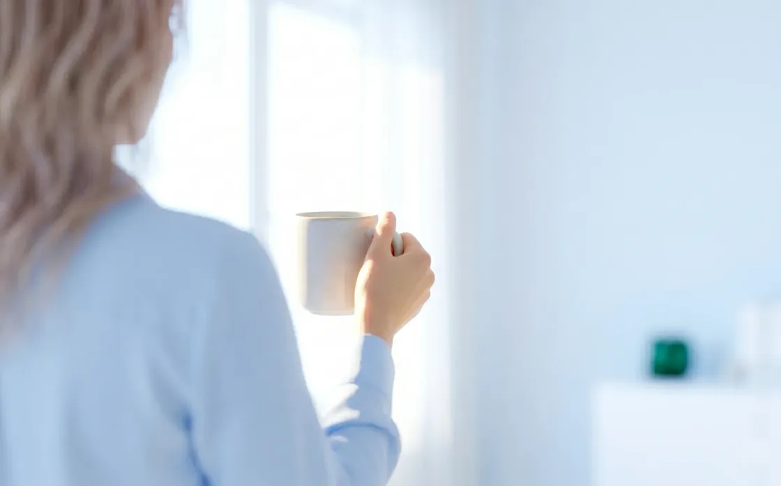 Fin de journée calme, tasse de café près d'une fenêtre au crépuscule