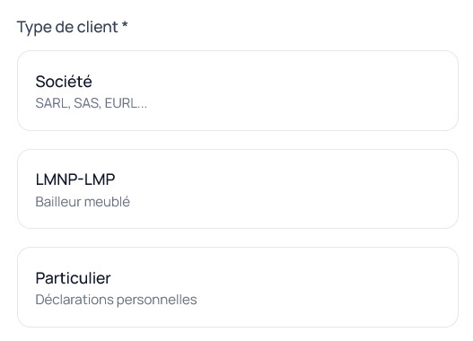 Vue des types de dossiers Sociétés, LMNP et Particuliers